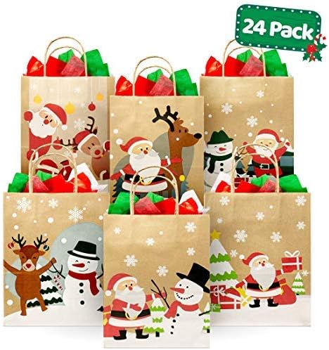 Christmas Kraft Gift Bags (24 Piece) Set – Variety Bulk Novelty Assortment Pack – Decoration, Toys Wrap, Xmas Party Favors, Holiday Treats Box, Goody Gift Bags