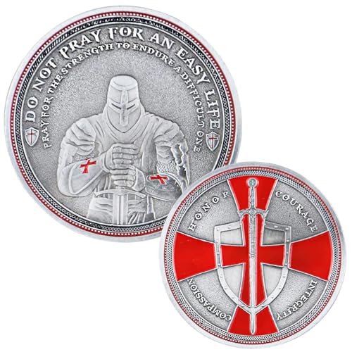 Knights Templar Challenge Coin Red Cross and Shield 3D Silver-Plated Religious Collectible A Christian Faith Inspirational Quote Commemorative Coin for Men History and Bible Students(E)