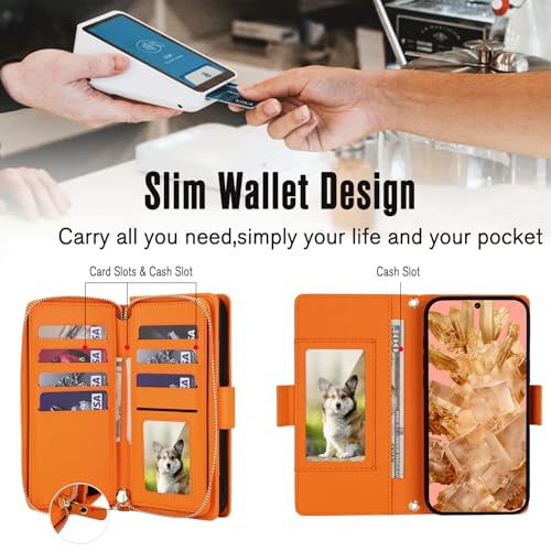 Étui Pixel 8 chic en cuir orange avec protection RFID et dragonne - 3