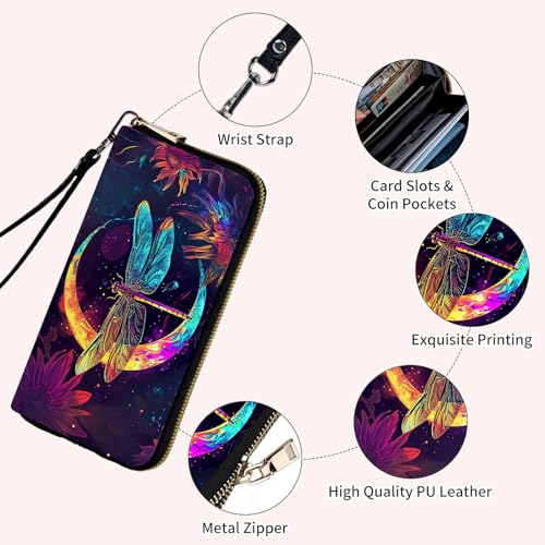 Ladies Wallet,Clutch Purses for Women Wallets Leather Credit Card Holder for Women Wristlet Slim Small Cute with Zipper,Thin RFID Blocking with Wrist Strap,Glitter Dragonfly Moon4