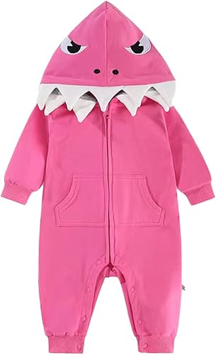 Baby Infant Boys Girls Shark Costume Halloween Outfit Cotton Animal Hoodie Romper Jumpsuit Bodysuit for Toddler Rose Red 3-6 M