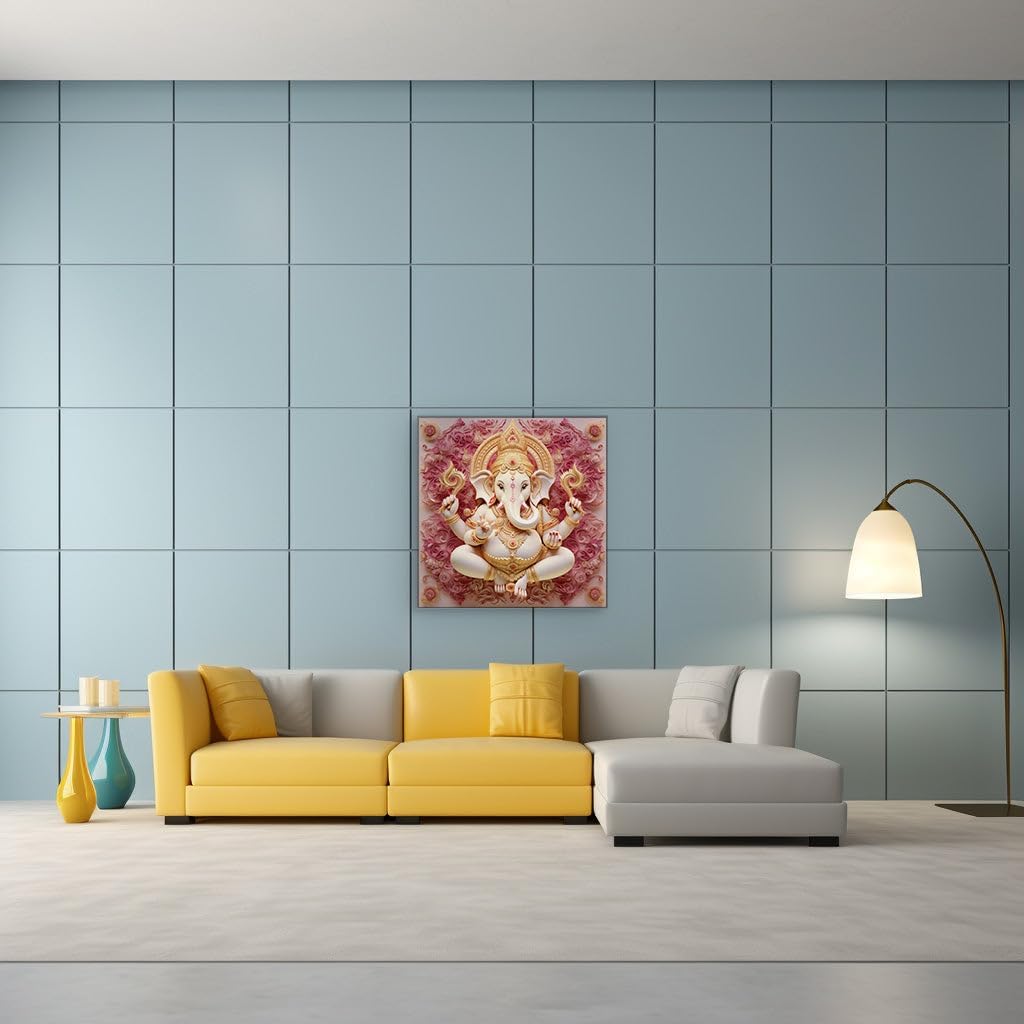 Canvas for Living room. Divine Elegance Unveiled in a 3D Rendering of Lord Ganesha Adorned with Golden Splendor, 27 x 18 inch Canvas Wall Art - Contemporary Masterpieces - Modern Home Decor
