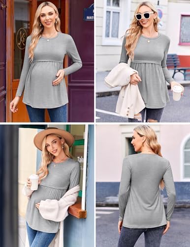 Ekouaer Maternity Shirts 3 Packs Pleated Long Sleeve Tops Tunic Casual Pregnancy Clothes - Image 3