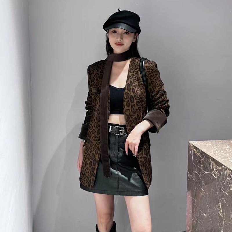 utcoco Women 2025 Trendy Leopard Blazers Business Casual Open Front Work Office Blazer Jacket with Belt3