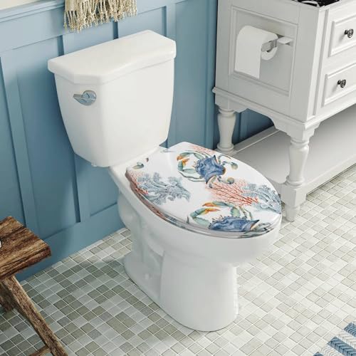 Elongated Toilet Seat sea blue crabs corals watercolor painted nautical style Resin Toilet Seat with Quietly Close Quick Release Hinges Decorative Toilet Seat with Cover Easy to Clean and Install - Image 7