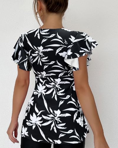 Fanuerg Women's Flowy Tankini Top Only Ruffle Sleeve Swim Bathing Suit Tops Modest Drawstring Swimsuit Top No Bottom4