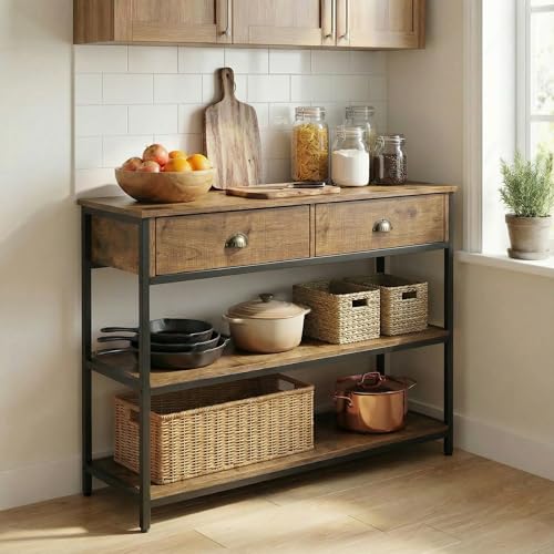 Wooden Console Table for Entryway with 2 Drawers & Storage Shelf, Brown Console Table with Metal Frame, Modern Console Tables for Living Room Decor, Entryway Console Table for Bedroom | DIY