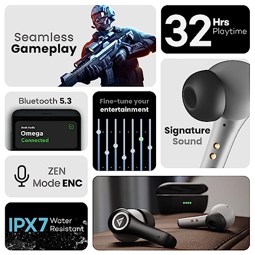 Image of Boult Omega Wireless Earbuds with Active noise cancellation, 4 ENC noise cancelling mic, 32H playtime, Low latency gaming mode, Type-C Fast Charging, IPX7 Waterproof with Bluetooth 5.3(Black)