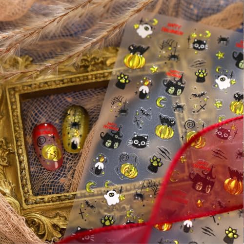 Image of 5D Embossed Halloween Nail Stickers Pumpkin Nail Decals Ghost Cat Nail Art | Cute Design Nail Decals for Nail Art Self-Adhesive nail charms for Women Holiday Manicure DIY Decoration Accessories 1 Sheets