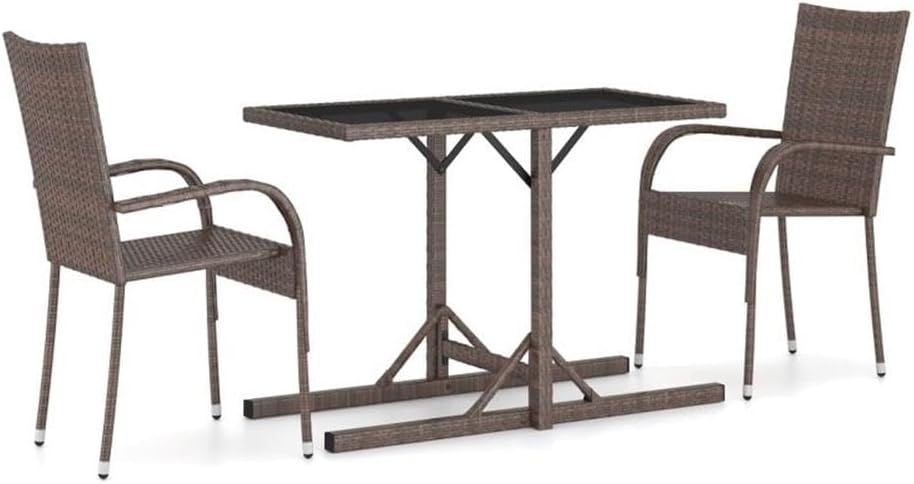BOWERY HILL 3-Piece Patio Dining Set, Poly Rattan and Powder-Coated Steel, Weather-Resistant Brown Finish, Includes Rectangular Table and 2 Stackable Chairs, Modern Outdoor Furniture for Garden or