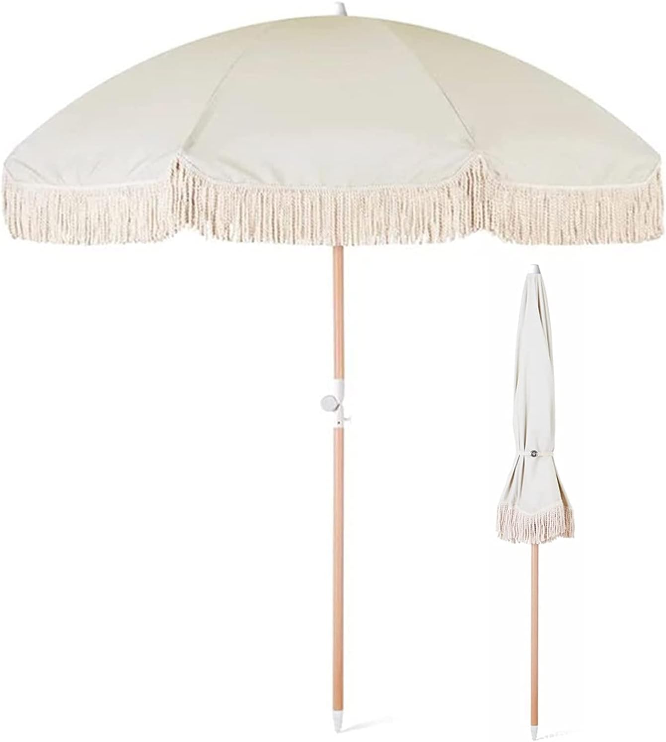 Round Patio Umbrella with Beige Tassel 2M/6.5FT Outdoor Garden Parasol Sunshade Umbrella with Push Button Tilt for Garden Pool Backyard