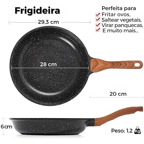 Frigideira Antiaderente 28cm com Revestimento Cerâmico, Frita Sem Óleo, Cabo de Madeira, Não Gruda,