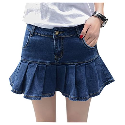 Yeokou Women's Casual Slim A-line Pleated Ruffle Short Mini Denim Skirts (Medium, Blue)
