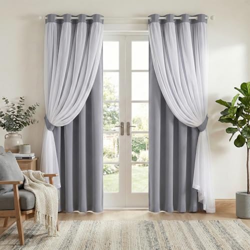 Image of PONY DANCE Blackout Curtains with Sheer Overlay, 2 Pcs with Tiebacks, 34X84 | Thermal Insulated Mix & Match Double Layer Room Darkening Curtains for Bedroom,Living Room,Silver Grey