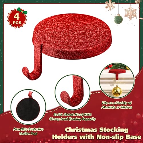 MiniInflat 4 Pcs Christmas Stocking Holder for Mantel Fireplace Weighted Stocking Hanger with Nonslip Round Base Metal Stocking Ornament Hook Hanging Shelf Table Xmas Mantel Decor (Glitter Red) - Thumbnail 3
