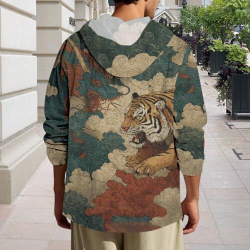 Men's Japanese Long Sleeve Hoodie, Japanese Art Funny Cat Chinese Panda Quarter Button Hoodie Casual Cool Top For Spring Fall4
