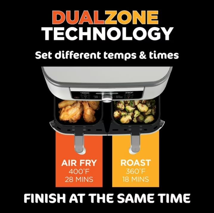 Niin-jja 6 in 1, 8 Quart 2 Basket Air Fryer with DualZone Technology, Air Fry, Keep Warm, Roast, Bake, Reheat, and Dehydrate, Easy-to-Clean, color White (AD 150 A)