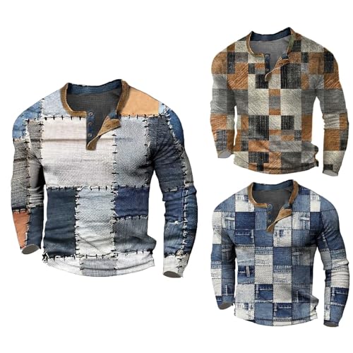 CRNTCEM Mens Long Sleeve Colorblock Plaid Henley Shirts Western Vintage Muscle T-Shirts Casual 1/4 Button Golf Polo Shirts2