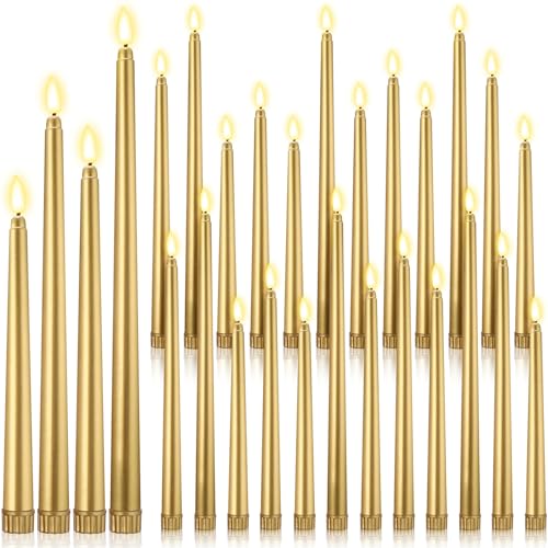 Image of Rossesay 24 Pcs Flameless LED Taper Candles Battery Operated Candle 8.5 inch, 9.65 inch, 10.8 inch, 12.8 inch Flameless Candlesticks Flickering for Christmas Church Wedding Indoor Decoration(Classic, Golden)