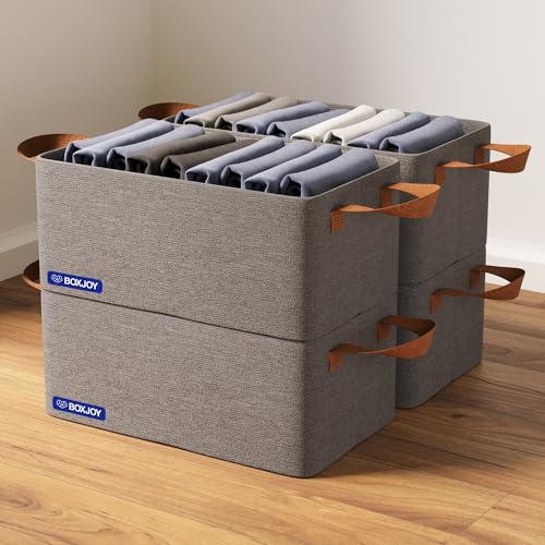 BOXJOY Premium 4 Pcs Wardrobe Cloth Organizer for Storage Box for Clothes with Steel Frame and Handle Foldable Smart Organiser Closet Basket Boxes for Cupboard Cloth Saree Jeans Kapde in Almirah Shelf