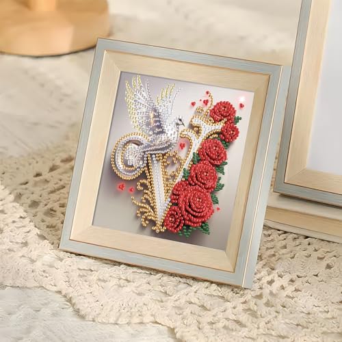 Image of AiYuanzsh 5D DIY Diamond Art Kits for Adults Letter V, Vintage Rose & Dove Floral Special Shape Diamond Painting, Alphabet Diamond Art for Home Wall Decoration and Valentine's Day Gift 17x17cm