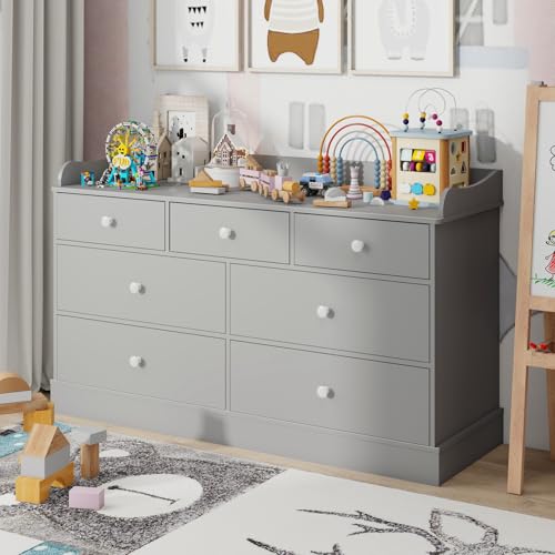 Image of Vabches Kids Dresser Cabinet with 7 Drawers and Large Table Top, Multi-Functional Chest of Drawers, Baby Dresser, Kids Bedroom Furniture, Nightstand for Child’s Room, Light Grey