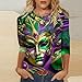 Womens Tops 3/4 Sleeve Shirts Crew Neck Mardi Gras Outfit Loose Fit Casual Graphic Tees Mardi Gras Print 2024 Trendy Cute Holiday Party Costumes