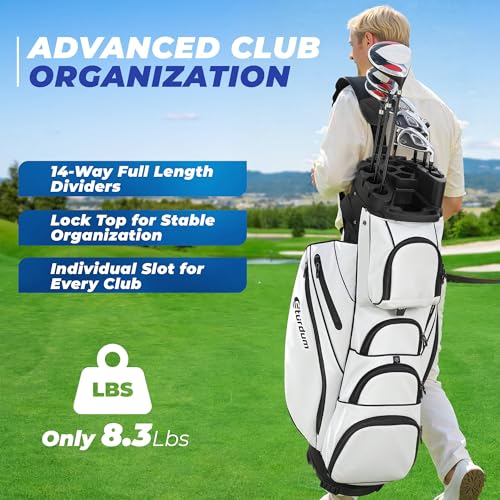 Sturdum T-Lock Golf Cart Bag, 14 Way Organizer Full Length Divider Top, Rigid Inner Shell, Silent Cart Bags for Men with Handles Ergonomic Padded Strap, Rain Cover