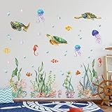 Ocean Wall Decals Turtle Jellyfish Under The Sea Wall Stickers Sea Life Animal Seaweed Grass Coral Ocean Wallpaper Peel and Sticker Wall Art Decal for Bedroom Nursery Decor