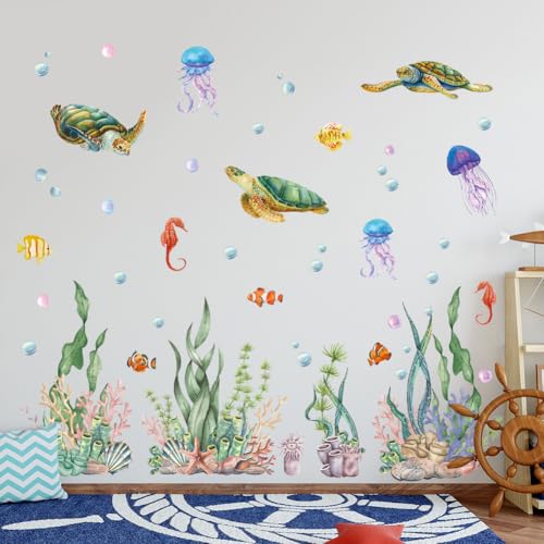 Ocean Wall Decals Turtle Jellyfish Under The Sea Wall Stickers Sea Life Animal Seaweed Grass Coral Ocean Wallpaper Peel and Sticker Wall Art Decal for Bedroom Nursery Decor