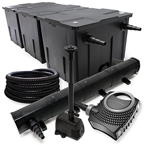Wiltec Komplettset: CBF-350C Teichfilter bis 90000 L Teichfilteranlage, NEO10000 Teichpumpe 10000l/h 80W, CUV-272 Teichklärer 72W, 25m Teichschlauch 25 mm, HJ-943 Springbrunnen 800l/h 16W