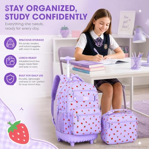 Image of 3Pcs Rolling Backpack for Girls Women, Travel Roller Backpacks with Wheels for Adults, Teens College Strawberry Wheeled Bookbag with Lunch Box (Purple)