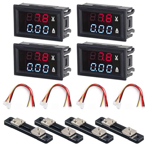 LEDデジタル電圧計電流計4個セット、DC 0~100V 50Aボルトアンペアメーター、シャント付き、赤と青の検出器電圧アンペアメーターテスターパネル、マルチメーター電圧表示電流計