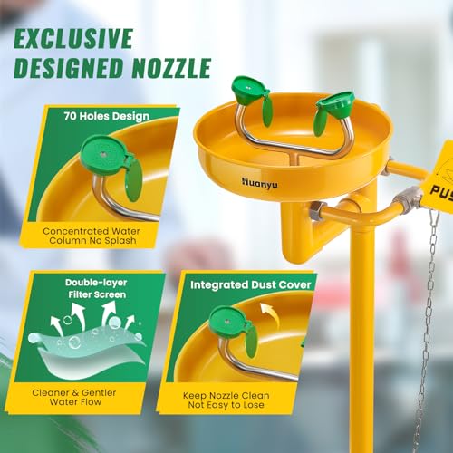 Image of Huanyu Stand Up Eye Wash Station Floor Mounted Eyewash Station Adjustable Water Flow Emergency Eye Washing Station Stainless Steel with Eye Wash Sign Factory (1207-1 Yellow)