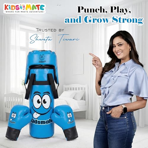 Image of Kidsmate Boxing Kit for Kids of Age 3-8 Yrs | Safe Synthetic Leather Punching Bag with Gloves Set | Boxing Set for Karate Training & Punch Practice | Playful Fitness Activity for Boys & Girls - Blue