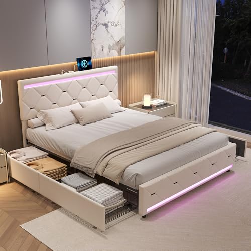 Bett 140 x 190 cm mit Lattenrost LED und USB, gepolstertes Doppelbett mit 4 Schubladen, Doppelbett mit großem Stauraum, Schubladenbett für...