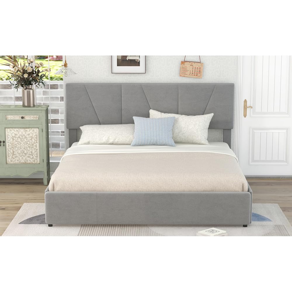 Cama de Matrimonio tapizada, Plataforma con 4 cajones en 2 Lados, cabecero Ajustable, no Necesita somier (160 * 200cm-gris)