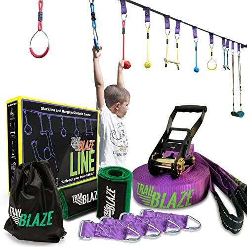 Trailblaze Ninja Warrior Hinderniskurs zum Aufhängen für Kinder, 152 cm Ninja Slackline Set mit Baumschutz, Turnringen, Affenstangen, Sitzschaukel, Fausthalter, Gurtschnallen und Tragetasche