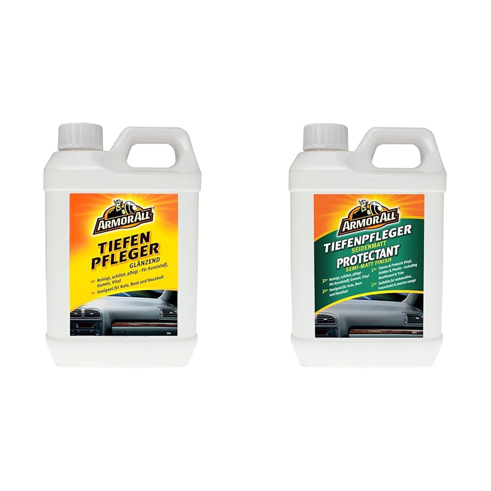 ARMOR ALL Kunststoff-Tiefenpfleger glänzend 2.000 ml & Kunststoff-Tiefenpfleger seidenmatt 2000 ml für Vinyl, Gummi, behandeltes Leder, versiegeltes Holz u.v.m.
