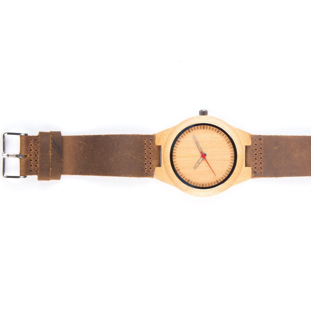Kim Johanson Herren Bambus-Holz Armbanduhr *Red Bamboo* in Braun mit Echtem Lederarmband Handgefertigt Quarz Analog Uhr inkl. Geschenkbox