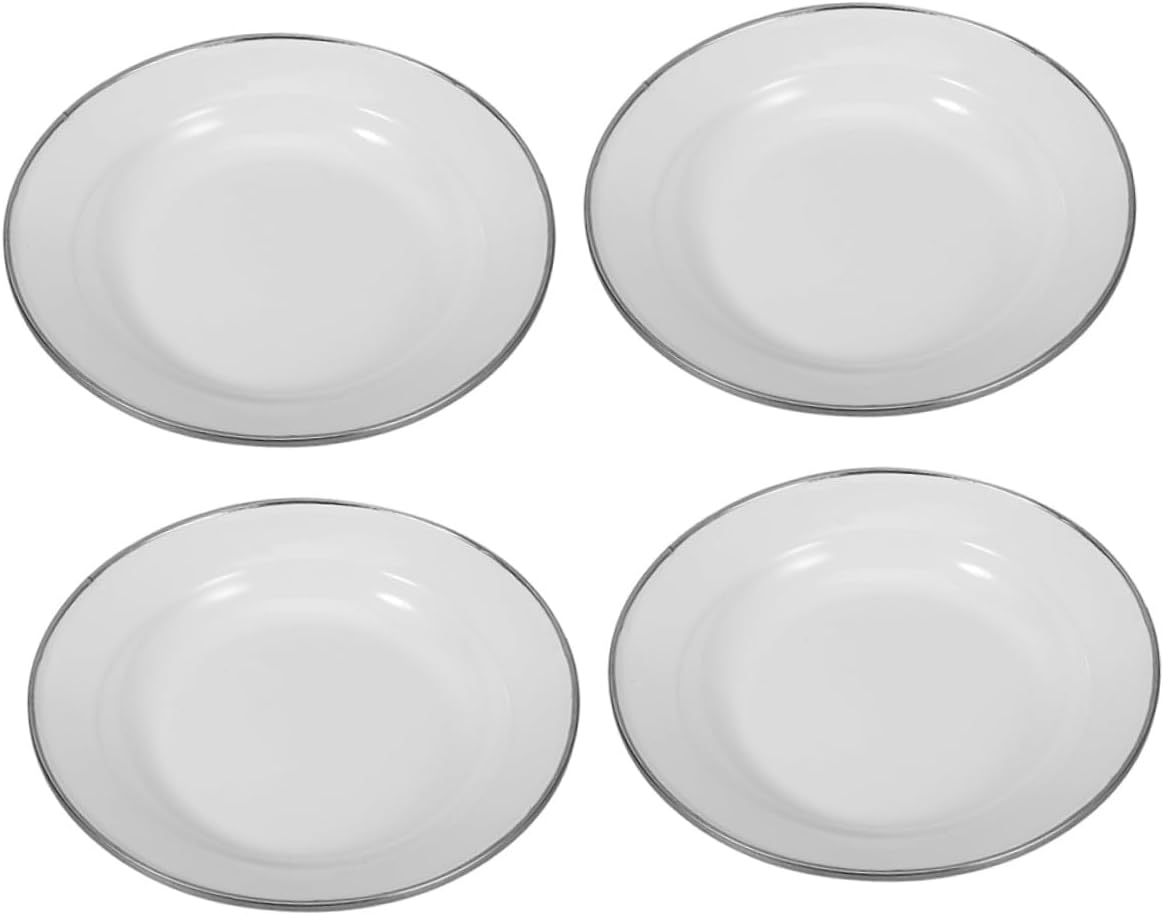 PATKAW 4pcs 22cm White Thickened Vintage Enamel Plates Retro Style Snack Serving Dishes for Kitchen Outdoor Use Sturdy Food Serving Appetizer Plates