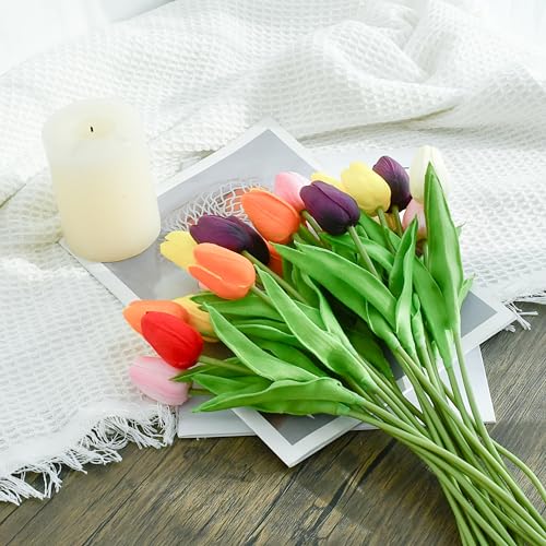 Image of ONLY ART Artificial Multicolor Tulips 20 Pcs - 13.5 Inch PU Faux Flowers with Bendable Stems for Home Decor, Wedding Centerpieces, DIY Floral Arrangements, New Year and Valentine's Day