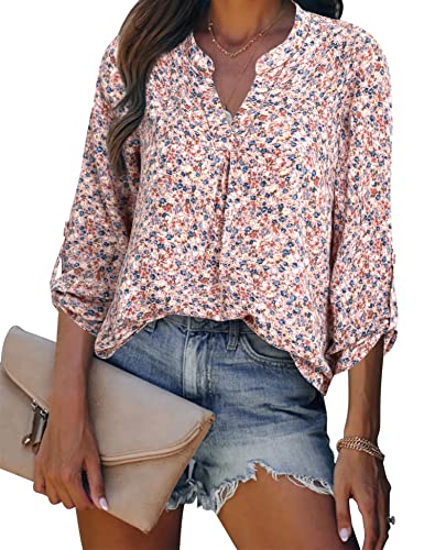 Gaharu Dress Tops Women Business Casual Pink Blouses Long Sleeve Floral Shirts V Neck Chiffon Work Tunics Tops 3/4 Sleeve Blouses Professional Career Formal Office Wear Clothes Floral Pink Blue,L #TOP4
