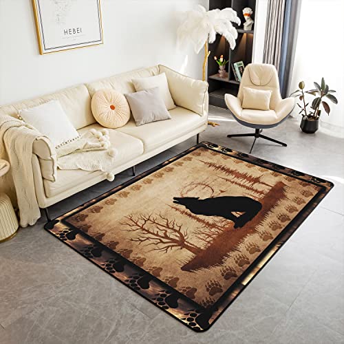 Loussiesd Cute Wolf Area Rug Girls Boys Wolves Howling Decorative Carpet Room Animal Wolves Tree Pattern Rugs for Living Room Bedroom Exotic Style Brown Black Accent Rug 100 * 150cm