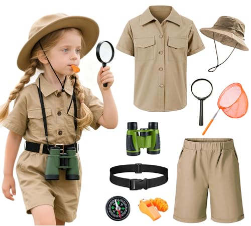 HADOLLWELL Kids Explorer Adventurer Costume Boys Girls Outdoor Kit Safari Camping Jungle Seeker Trailblazer Cosplay Khaki