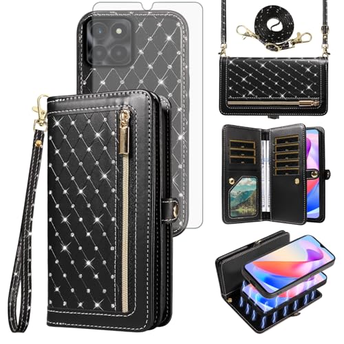 Étui Honor X6a anti-chute avec porte-cartes zippé et vitre de protection