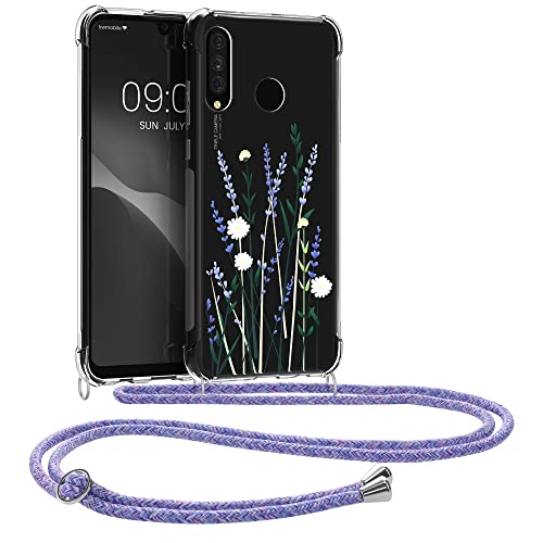 kwmobile 保護ケース 対応: Huawei P30 Lite - ストラップ付 ショルダーケース TPU保護 カバー パステルグレーと花々デザイン