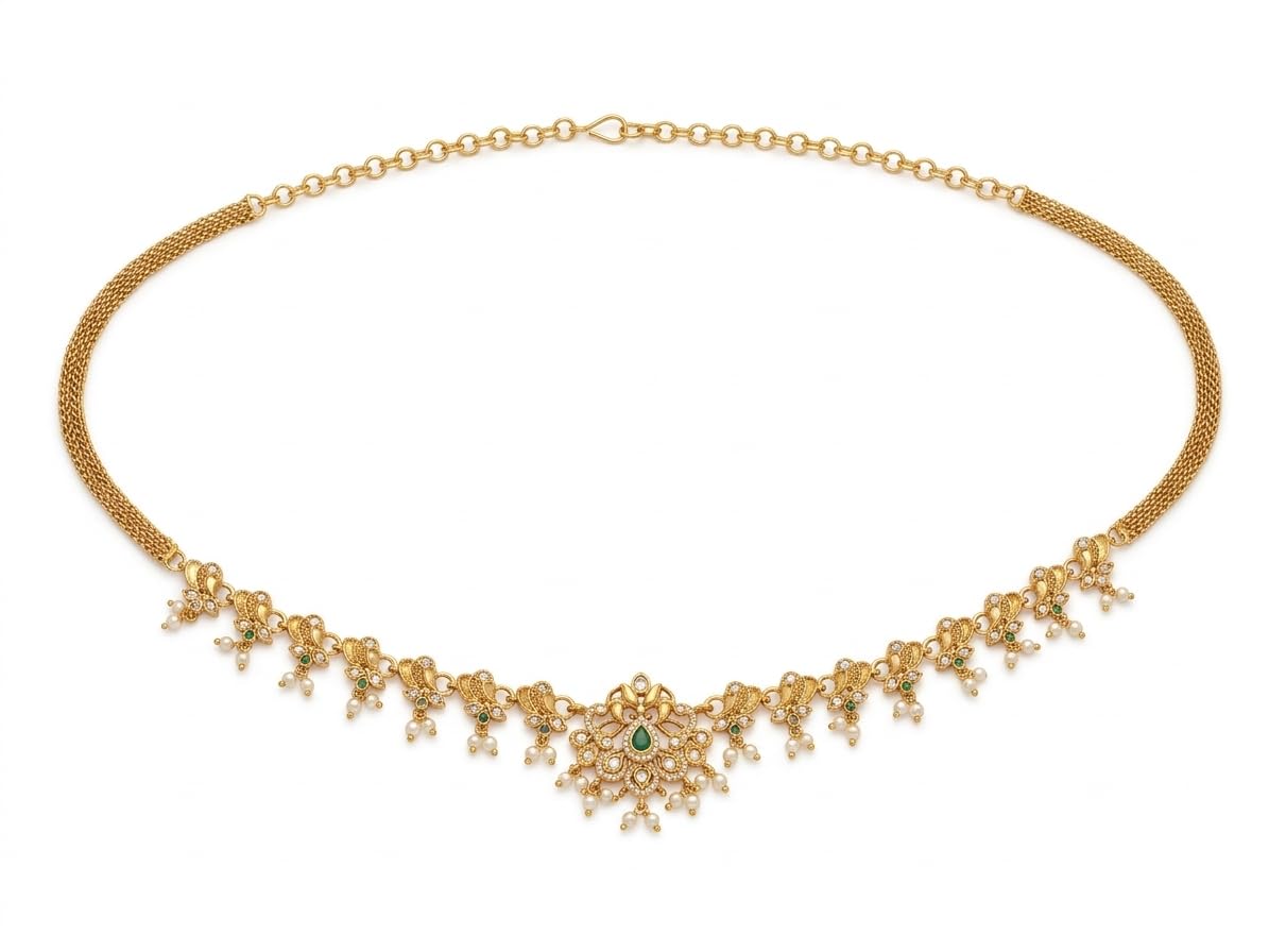 Priyanshi Life Style Traditional South Indian Gold-Plated Kamarband/Waist Belt with Emerald Stone & Pearl Droplets-image-21