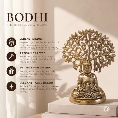Image of BEHOMA Golden Buddha Statue Under Bodhi Tree | Metal Idol for Home Decor