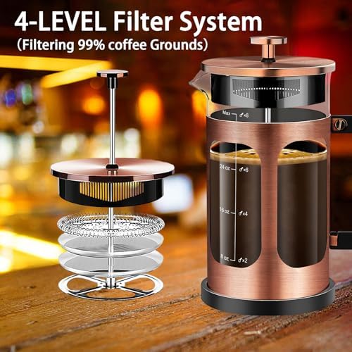YMMIND French Press Coffee Maker (34oz 1Quart 5-6Cup) Coffee Press, with 4 Filters System, Heat Resistant Thickness Borosilicate Glass, Cold Brew Coffee Tea Pot Gifts (Copper) - 1